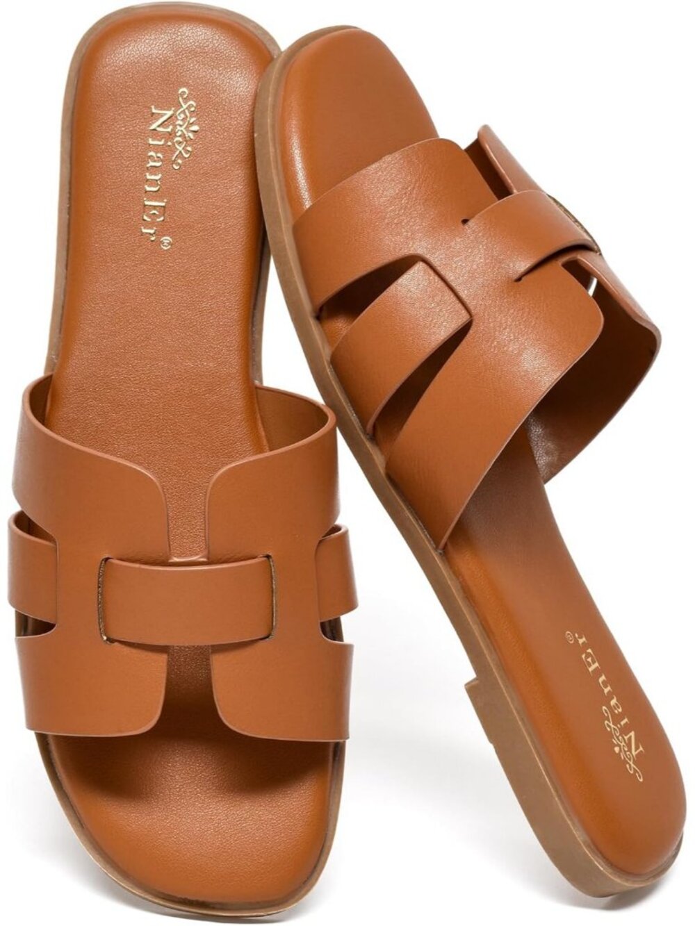 NianEr Women's Brown Leather Comfortable Casual Summer Flats Sandals Shoes